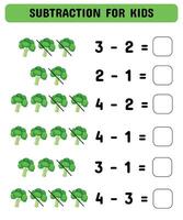 brócoli sustracción juego. matemáticas juego para preescolares ilustración. vector