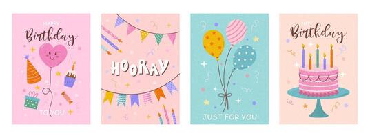 Set of cute birthday cards design with cake, balloons and party decorations. Templates great for poster, Invitations, banner, flyer vector