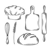 Bread and baking tools. Set from Chef hat with cutting board, rolling pin and whisk. Spikelet and round loaf. graphics illustration, isolated. Template for wrapping, cookbook, menu, website. vector