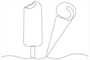 Continuous one line art drawing of delicious and cool fresh ice cream, minimalism design outline vector