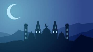 Landscape illustration of mosque silhouette at night with crescent vector