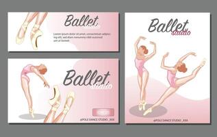 Set of promo banners Ballet. Ballerina illustration, Gymnastics girl. Sport, Healthy lifestyle, Gym, Fitness, Flexibility, Stretching. Hand drawn art work isolated on white background vector