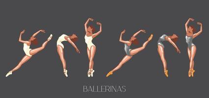 Ballerina illustration, ballerinas poses. Gymnastics girl. Girl dancing classical choreography. Ballet set female. Pointe shoes. Hand drawn art work isolated on white background vector