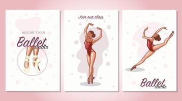 Set of promo banners Ballet. Ballerina illustration, Gymnastics girl. Sport, Healthy lifestyle, Gym, Fitness, Flexibility, Stretching. Hand drawn art work isolated on white background vector