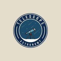 telescopio a noche emblema logo ilustración modelo icono gráfico diseño. aeroespacial firmar o símbolo para astronomía concepto con circulo Insignia tipografía estilo vector