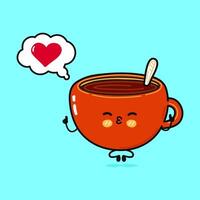 Cup of coffee doing yoga with speech bubble. Hand drawn cartoon kawaii character illustration icon. Isolated on blue background. Chocolate Cup of tea in love character concept vector