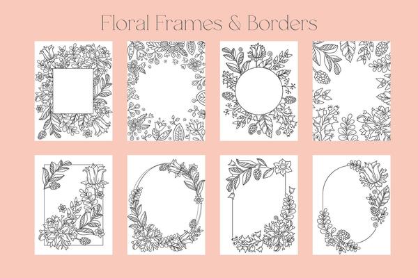 Set of Ornate floral frames, borders with space for text. Hand drawn coloring page for kids and adults. Beautiful drawing with patterns and small details. Coloring book pictures. , letter format