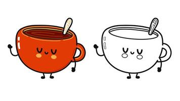 gracioso linda contento taza de café caracteres haz colocar. mano dibujado dibujos animados kawaii personaje ilustración icono. linda taza de café. contorno dibujos animados ilustración para colorante libro vector