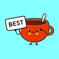 Cute Cup of coffee with poster best. Hand drawn cartoon kawaii character illustration icon. Isolated on blue background. Cup of coffee think concept vector