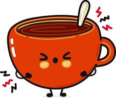 enojado triste taza de café personaje. mano dibujado dibujos animados kawaii personaje ilustración icono. aislado en azul antecedentes. triste chocolate taza de café personaje concepto vector