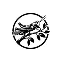 Grasshopper logo icon.grasshopper animal logo on a twig. black and white grasshopper logo design. logo template vector