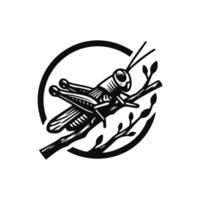Grasshopper logo icon.grasshopper animal logo on a twig. black and white grasshopper logo design. logo template vector