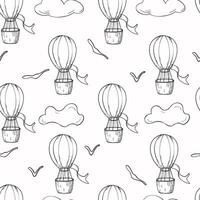 Black white seamless pattern with hot air balloons. Endless background with contour of air transport, bird, clouds hand drawn ink. Theme of adventure drawn doodles line. Monochrome aviation vector