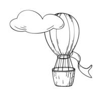 Hot air balloon and cloud of black and white contour illustration isolated. Balloon silhouette with basket and a ribbon. Retro airship simple coloring. Air transport graphic drawn vector