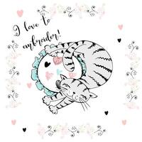 I love embroidery A postcard with a cat and embroidery. . vector