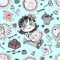 Seamless pattern on the embroidery theme. Needlework girls and embroidery accessories. . vector