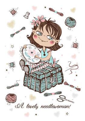 A cute girl embroiders on a hoop. Accessories for needlework. .