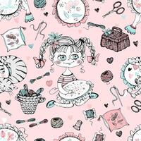 Seamless pattern on the embroidery theme. Needlework girls and embroidery accessories. . vector