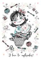 A cute needlewoman girl with embroidery. Accessories for needlework. . vector