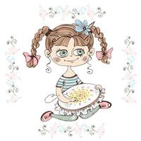 A cute girl embroiders on a hoop. . vector