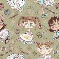 Seamless pattern on the embroidery theme. Needlework girls and embroidery accessories. . vector