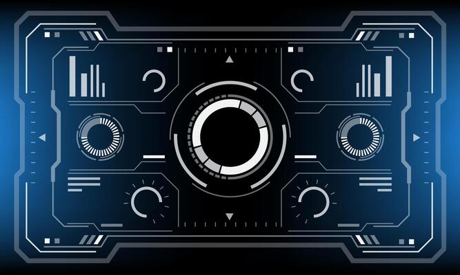 HUD white sci-fi interface screen view black geometric design virtual reality futuristic technology creative display on blue
