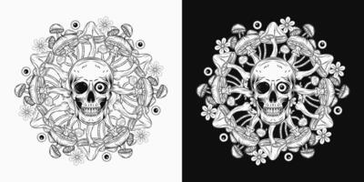 Circular black and white pattern with human skull, colorful mushrooms, chamomiles, eyeballs. Concept of madness, craziness. Surreal illustration for groovy, psychedelic design vector