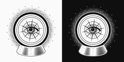 magia cristal pelota, esfera con todas viendo ojo y estrellas adentro. vaso orbe para clarividente brujería. predicción, oculto, místico concepto. vector