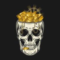 Human skull without top like cup, bowl, vase with golden treasure. Heap of coins, gold ingots, bars, chains. Front view illustration in vintage style. vector