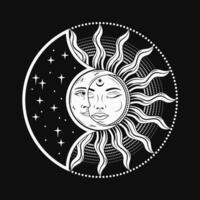 Eclipse with sun, crescent moon. Mythological medieval fairytale characters with face, magic, mystical, astrology symbols. Design for tattoo, astrology, stickers, tarot cards. Retro style. vector