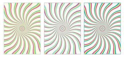 Set of psychedelic background with wavy distorted striped beams from the center 60s hippie wallpaper design. Colorful swirl, burst. For groovy, retro, pop art style With clipping mask vector