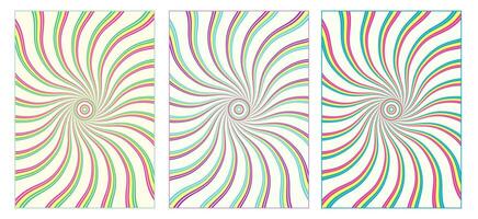 Set of psychedelic background with wavy distorted striped beams from the center 60s hippie wallpaper design. Colorful swirl, burst. For groovy, retro, pop art style With clipping mask vector