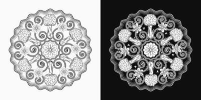 Circular pattern with fantasy mushrooms, chamomiles, wavy lines. Black and white illustration for fantasy, groovy, hippie, mystical, surreal design vector