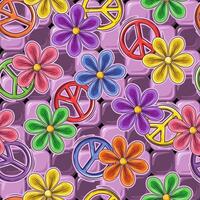 Seamless pattern with mosaic tiles, peace sign, colorful chamomile flowers. Groovy, hippie, naive style. Good for apparel, fabric, textile, surface design. vector