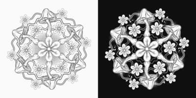 Circular pattern with mushrooms, chamomiles, wavy lines, halftone. Black and white illustration for fantasy, groovy, hippie, mystical, surreal design vector