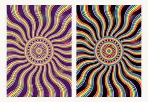 Psychedelic background with wavy distorted rainbow beams from the center 60s hippie wallpaper design. Colorful swirl, burst with halftone flashes behind For groovy, retro, pop art style Clipping mask vector