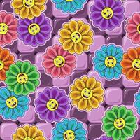 Seamless pattern with mosaic tiles, colorful emoji chamomile flower child. Groovy, hippie, naive style. Good for apparel, fabric, textile, surface design. vector