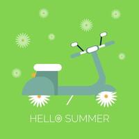 Hello summer banner illustration, creative motorbike with daisy shaped wheels. vector