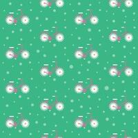 Seamless pattern with creative bicycle with daisy shaped wheels. vector