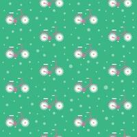 Seamless pattern with creative bicycle with daisy shaped wheels. vector