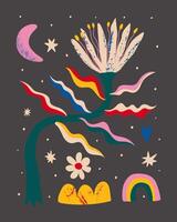 Abstract print with plants, stars, rainbow, moon. vector