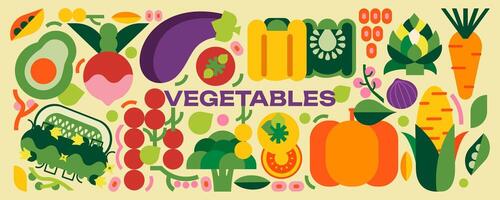 Simple vegetables food illustration. Cherry tomatoes, beets, corn, peppers, eggplant, cucumbers, broccoli, carrots, pumpkins, avocados, onions, peas, beans and artichokes vector