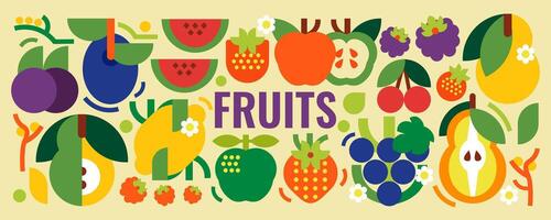 A collection of simple fruits. Illustration of food. Apples, pears, strawberries, plums, grapes, raspberries, cherries, watermelon, blackberries, lemons. Geometric design vector
