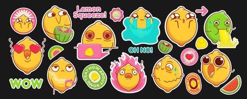 A big set of stickers with cute, emotional lemons. Comic elements in cartoon style. Citrus characters with funny faces in kawaii style. Flat design. All elements are isolated. Perfect for printing vector
