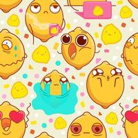 Seamless pattern with emotional lemons. Comic elements in cartoon style. Citrus characters with funny faces in kawaii style. Flat design. All elements are isolated. Perfect for printing vector