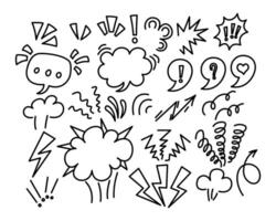 Comic book speech bubbles and sound effects doodle style. Hand drawn set of comic book style black elements, thought clouds, exclamations, accents for text, arrow on white background. vector