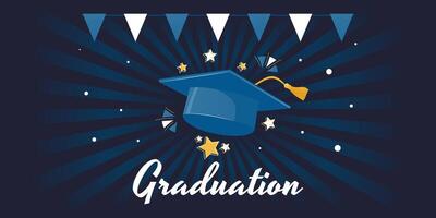 Graduation blue background with graduation cap, stars, confetti, pennant garland. For a ceremony congratulating graduates of high school, university or college. vector