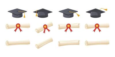 graduación tapas y diplomas colocar. tradicional graduación ceremonia símbolos diploma con cinta y académico sombrero. vector