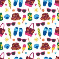 Summer seamless pattern. Beach accessories, ice cream, soda with a straw. For sun cream packaging, background, cover, glasses case vector