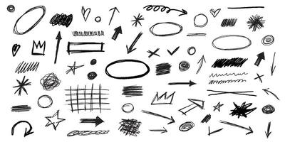 mano dibujado colección bolígrafo, lápiz, carbón sencillo elementos. garabatear conjunto diferente oval, líneas, flechas, Destacar y formas en grunge estilo. vector